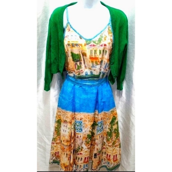 Designer FROCK SHOP Blue Multi Summer DRESS Italy Italian Rivera - Picture 2 of 9